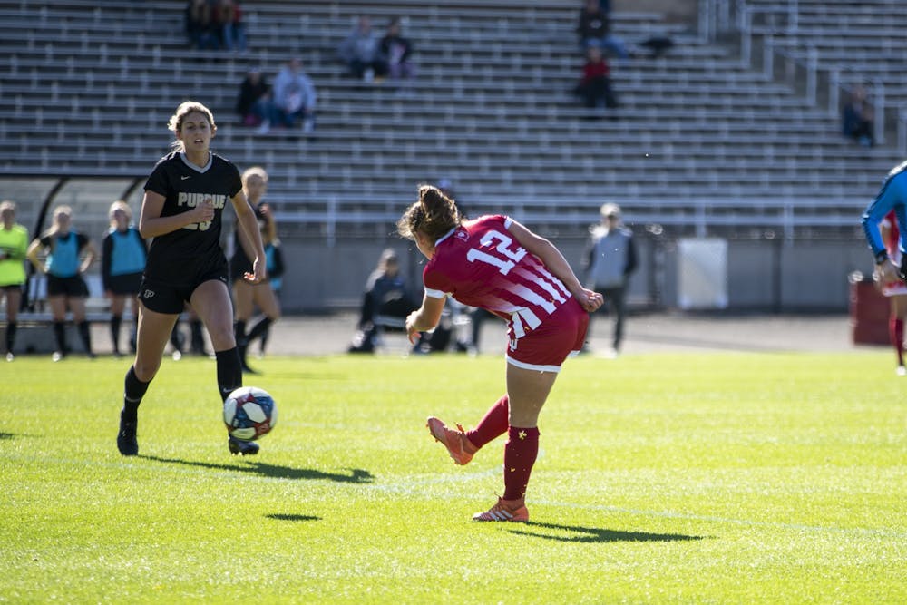 <p>Junior Melanie Forbes scores her fourth goal of the season Oct. 27 at Bill Armstrong Stadium. IU women’s soccer will play in the Big Ten Tournament for the first time since 2016.</p>