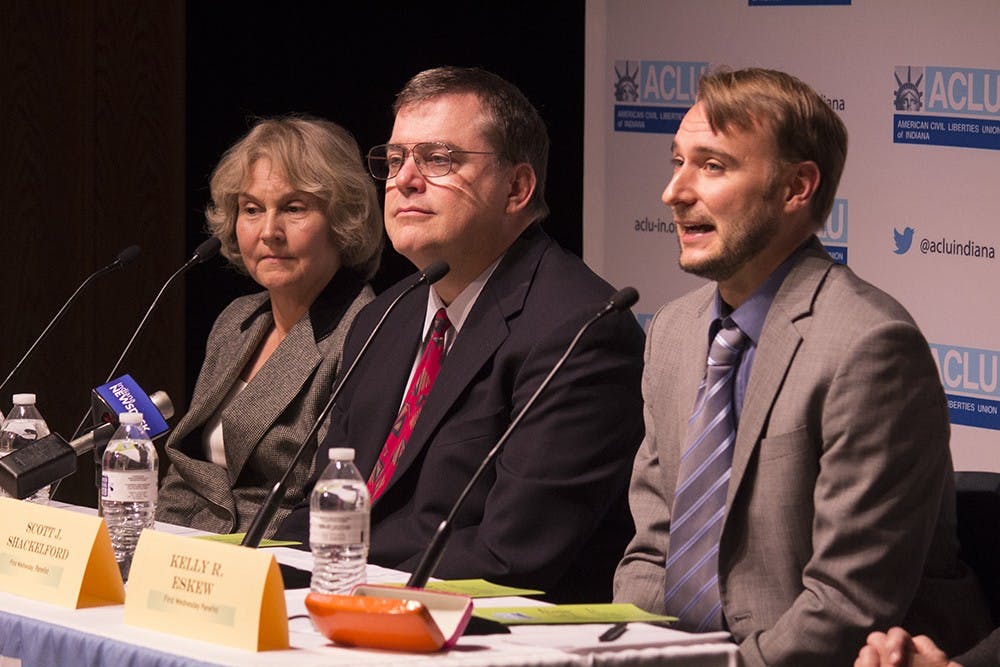 Scott Shackelford (right), assistant professor of Business Law and Ethics in the Kelley School, explains how privacy has changed over the last five to ten years during a lecture titled "The Not-So-Private Lives of Hoosiers: How Technology is Threatening our Privacy" on Wednesday at the Monroe County Public Library.