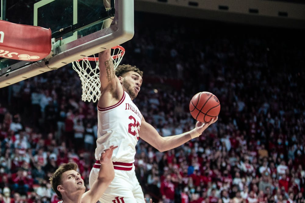 <p>Senior Forward Race Thompson grabs a rebound during the first half against Penn State on Jan. 26, 2022, at Simon Skjodt Assembly Hall. The Hoosiers lost to Michigan State. 61-76 </p>