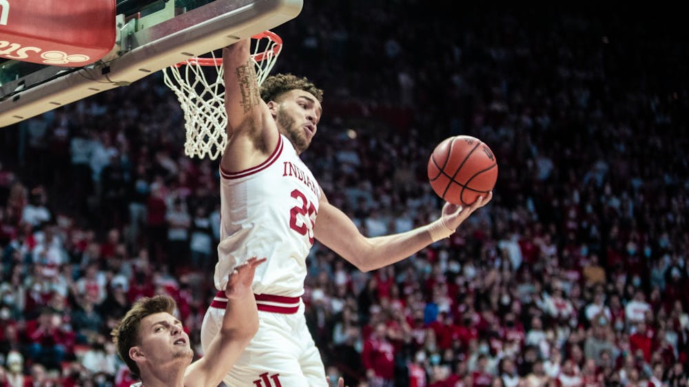 Senior Forward Race Thompson grabs a rebound during the first half against Penn State on Jan. 26, 2022, at Simon Skjodt Assembly Hall. The Hoosiers lost to Michigan State. 61-76 