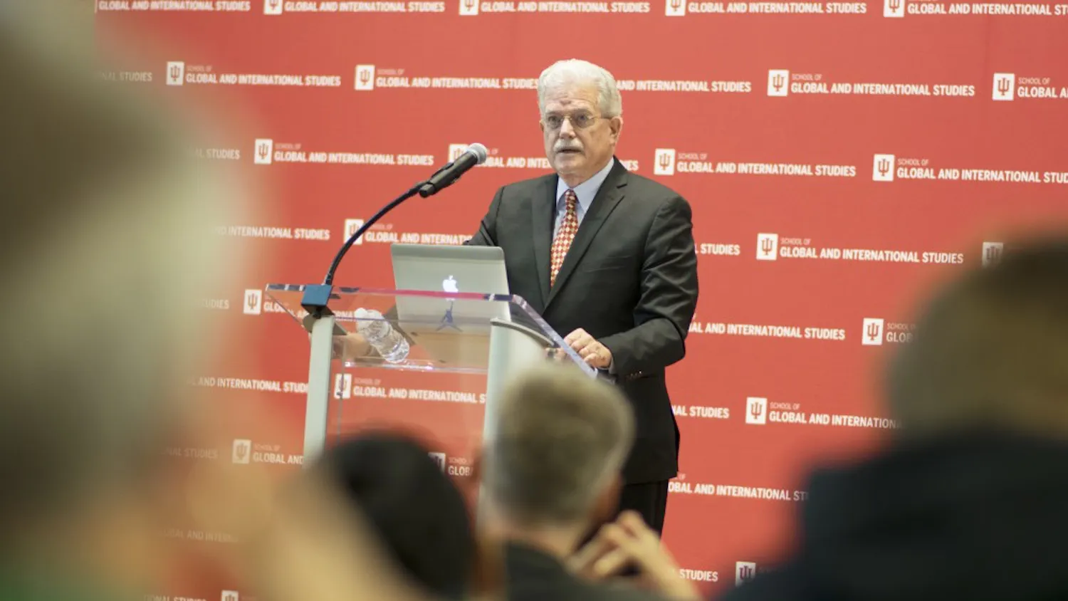 Bruce Cumings, the keynote speaker at "Assessing Korean Democratization and Democracy: From Molotov Cocktails to Candle Lights," speaks in the Global and International Studies Building auditorium Friday morning. Cumings, who is a professor at the University of Chicago, spoke on three episodes of violence that occurred before, during and after the Korean War and how they influenced Korea's path to democratization.