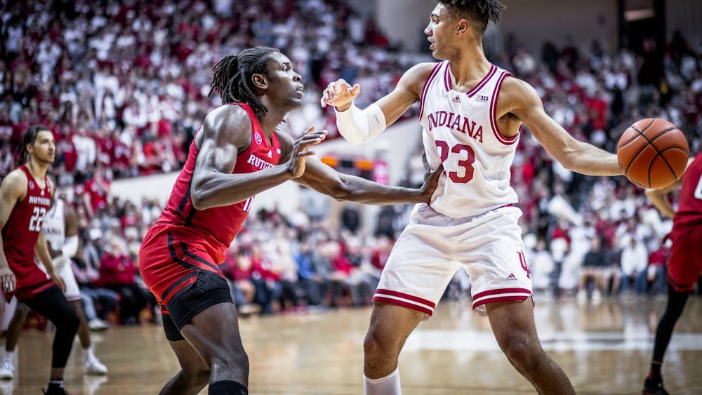 Sophomore forward Trayce Jackson-Davis looks to pass the ball March 2, 2022, at Simon Skjodt Assembly Hall. Indiana lost 63-66 against Rutgers.