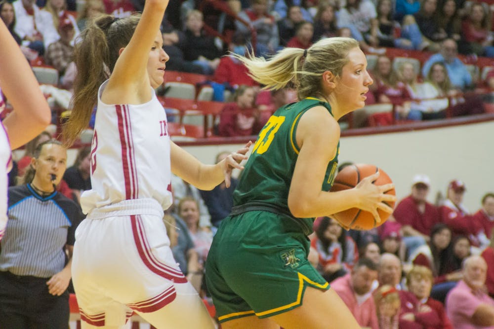 <p>A University of Vermont player is blocked by freshman guard Yarden Garzon Nov. 8, 2022, at Simon Skjodt Assembly Hall. Indiana won against Vermont 86-49.</p>