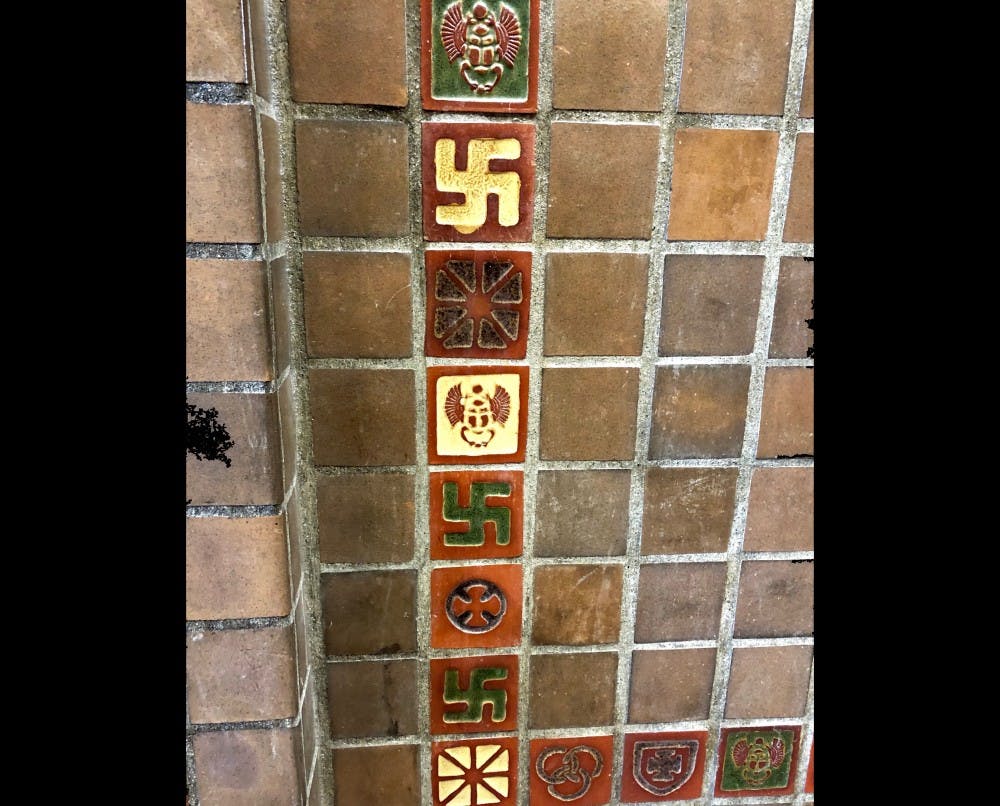 <p>Swastika symbol is displayed on the walls of the Intramural Center. IU has started to remove tiles displaying swastikas by sanding them down.</p>