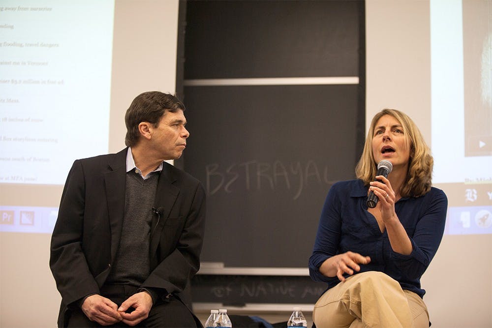 Boston globe Spotlight journalists Michael Rezendes and Sacha Pfeiffer answer questions from students in the class Behind The Prize. Rezendes and Pfeiffer were both members of the 2002 Pultizer Prize winning team for public service for their stories involving sexual abuse of young boys by Catholic priests. 