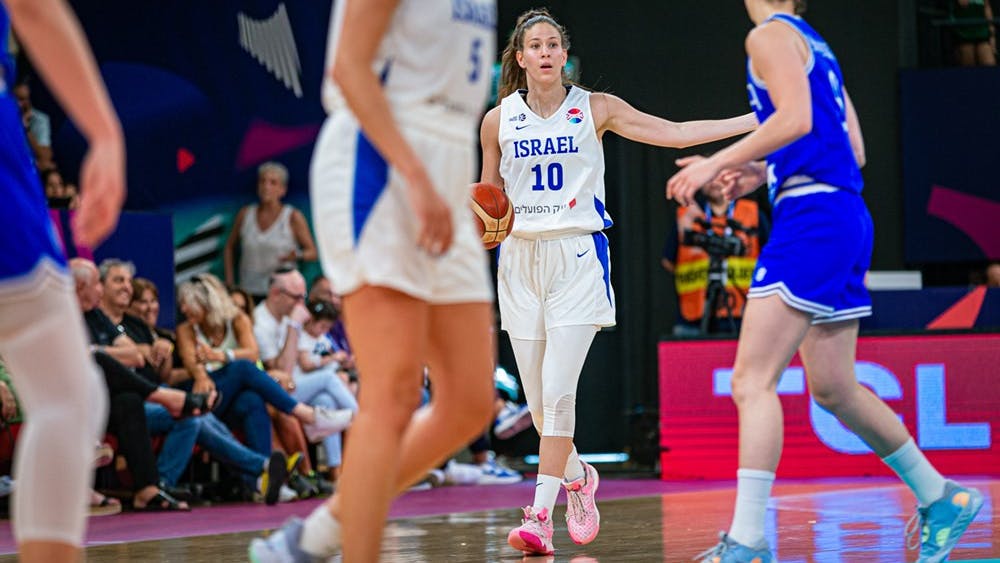Yarden Garzon dribbles the ball up the court against Italy on June 16 at the 2023 European Women's Basketball Championship in Tel Aviv, Israel. 