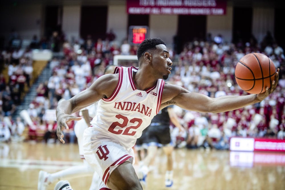 <p>Sophomore forward Jordan Geronimo grabs a rebound on Nov. 3, 2022 at Simon Skjodt Assembly Hall in Bloomington, Indiana. The Hoosiers lost to Penn State 85-66 on Jan. 11, 2023.</p>