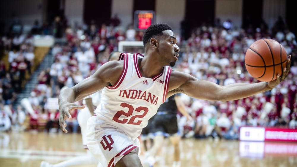 Sophomore forward Jordan Geronimo grabs a rebound on Nov. 3, 2022 at Simon Skjodt Assembly Hall in Bloomington, Indiana. The Hoosiers lost to Penn State 85-66 on Jan. 11, 2023.