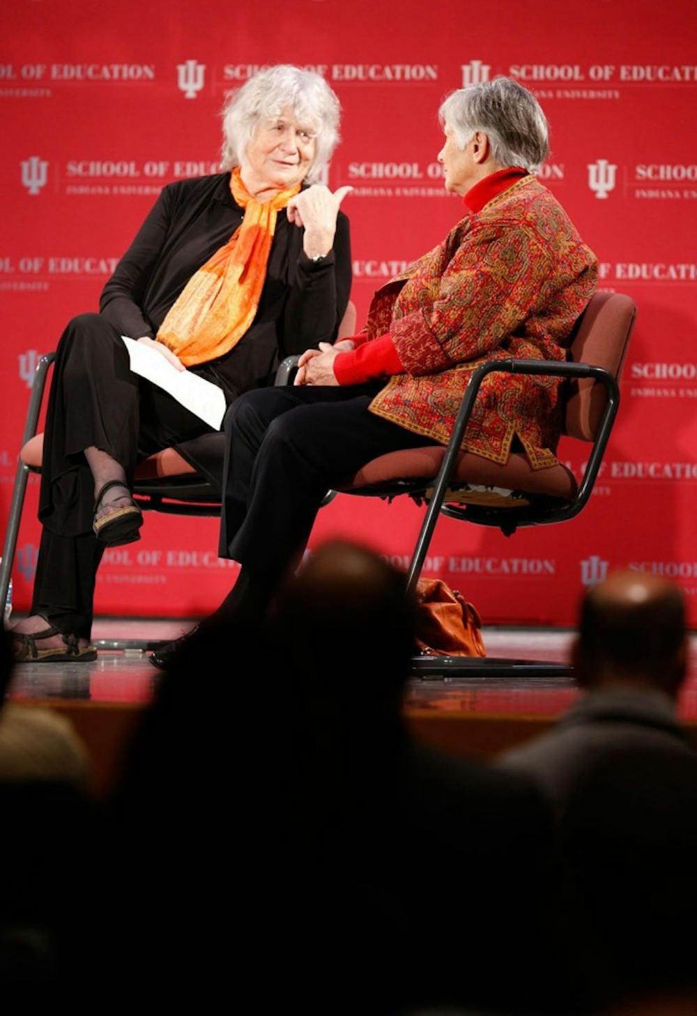 Deborah Meier, left, speaking to education activist Diane Ravitch during an event at Indiana University on April 27, 2011.