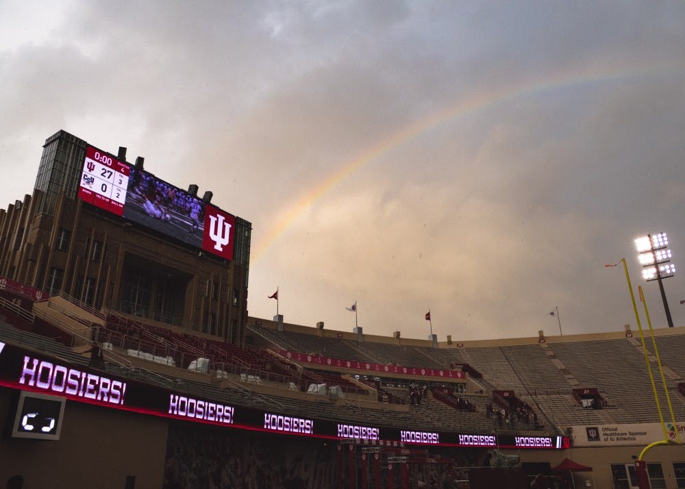 A rainbow stretches over Memorial Stadium after heavy rain during the game against Charleston Southern on Oct. 7, 2017. IU opens the season at home Saturday night against Virginia.&nbsp;