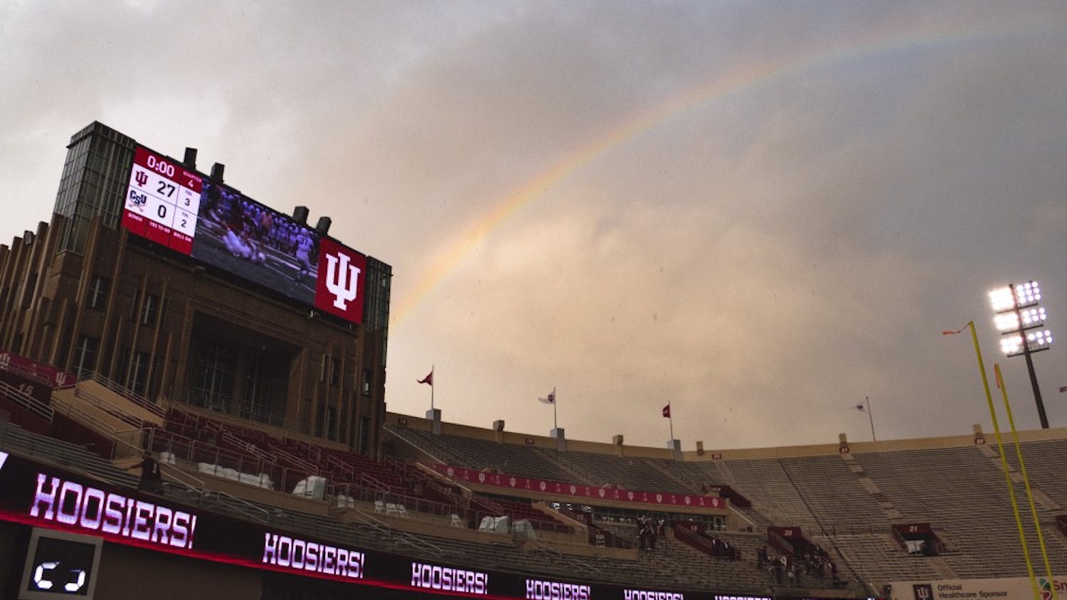 A rainbow stretches over Memorial Stadium after heavy rain during the game against Charleston Southern on Oct. 7, 2017. IU opens the season at home Saturday night against Virginia.&nbsp;