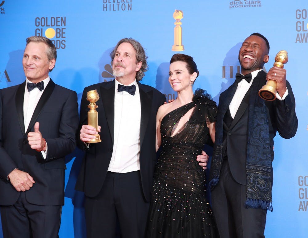 <p>The cast and director of "Green Book," from left, Viggo Mortensen, director Peter Farrelly, Linda Cardellini and Mahershala Ali backstage at the 76th Annual Golden Globes on Jan. 6 at the Beverly Hilton Hotel in Beverly Hills, California.</p>