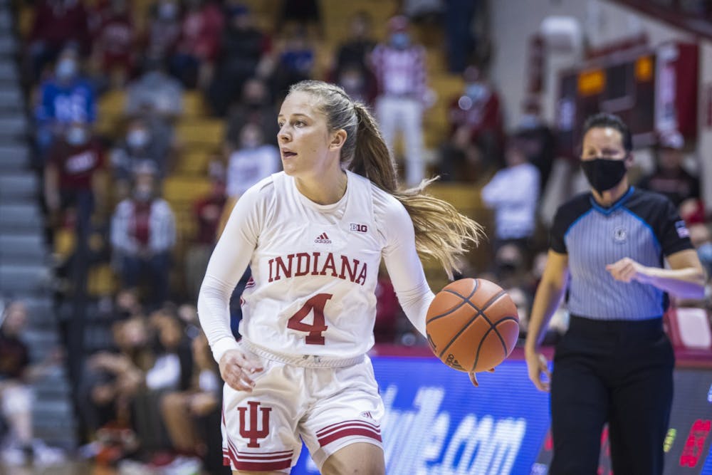 <p>Graduate guard Nicole Cardaño-Hillary dribbles the ball upcourt Jan. 2nd, 2021, at Simon Skjodt Assembly Hall. Saturday’s game against Iowa is Indiana’s last home game of the regular season. </p>