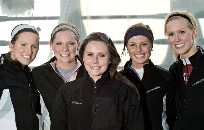 Gamma Phi Beta members freshman Katie Modisett, freshman Kelley Douglas, senior Meghan Mulvaney, sophomore Susie Andrerws, and freshman Sonja Arnesen pose for a team picture.