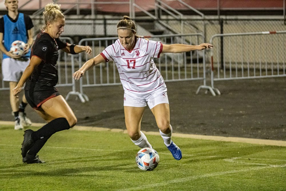 <p>Sophomore Gabbie Rennie attempts to dribble past a defender during a soccer game against Southeast Missouri State on Sept. 5, 2021at Bill Armstrong Stadium. IU defeated Southeast Missouri State 6-0.</p>
