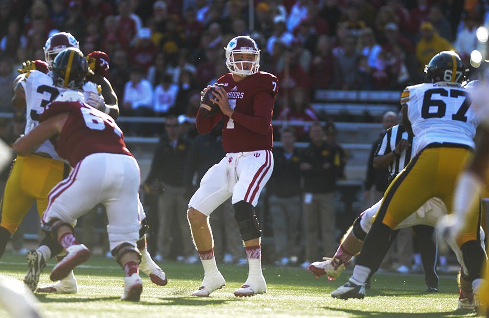 Senior quarterback Nate Sudfeld looks to pass during the game against Iowa on Saturday at Memorial Stadium. The Hoosiers lost, 27-35.