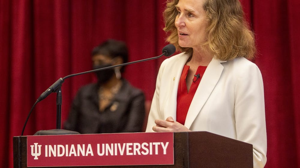 Then-IU President Elect Pamela Whitten speaks April 16 in Neal Marshall Grand Hall. Whitten tested positive for COVID-19 on Thursday, according to an email.