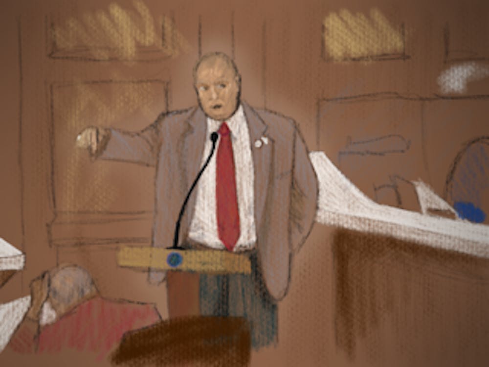 <p>An illustration depicts Aron Bright testifying in support of House Bill 1253. The bill would allow schools to use state funds to provide firearms training to teachers, school staff and employees.&nbsp;</p>