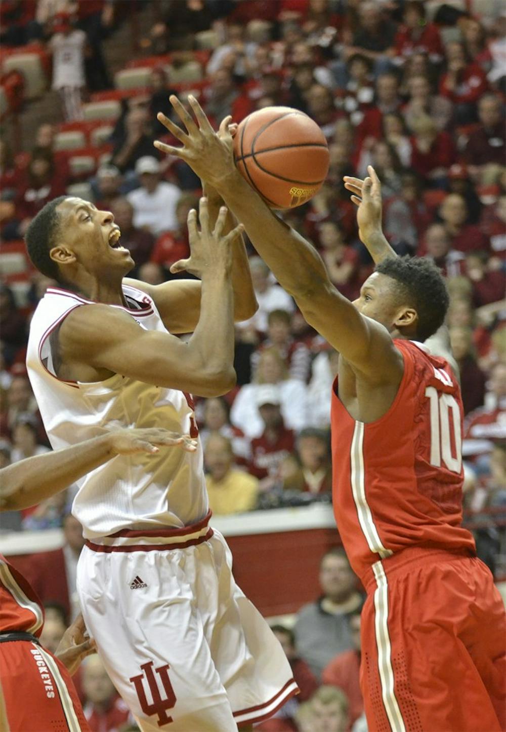 Junior guard Troy Williams yells after an Ohio State defender blocks his shot on Sunday at Assembly Hall. The Hoosiers won 85-60.