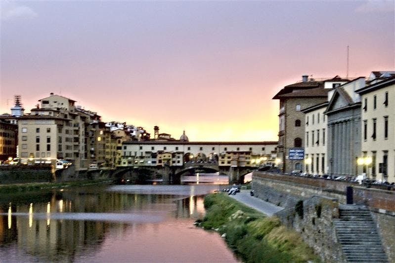 Florence’s oldest bridge, the Ponte Vecchio, at sunset May 17. The bridge, completed in 1345, it was the only bridge across the River Arno to survive German bombing during World War II.