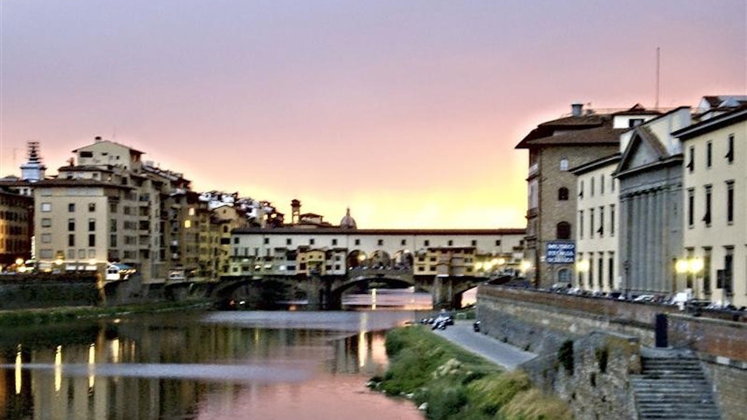 Florence’s oldest bridge, the Ponte Vecchio, at sunset May 17. The bridge, completed in 1345, it was the only bridge across the River Arno to survive German bombing during World War II.