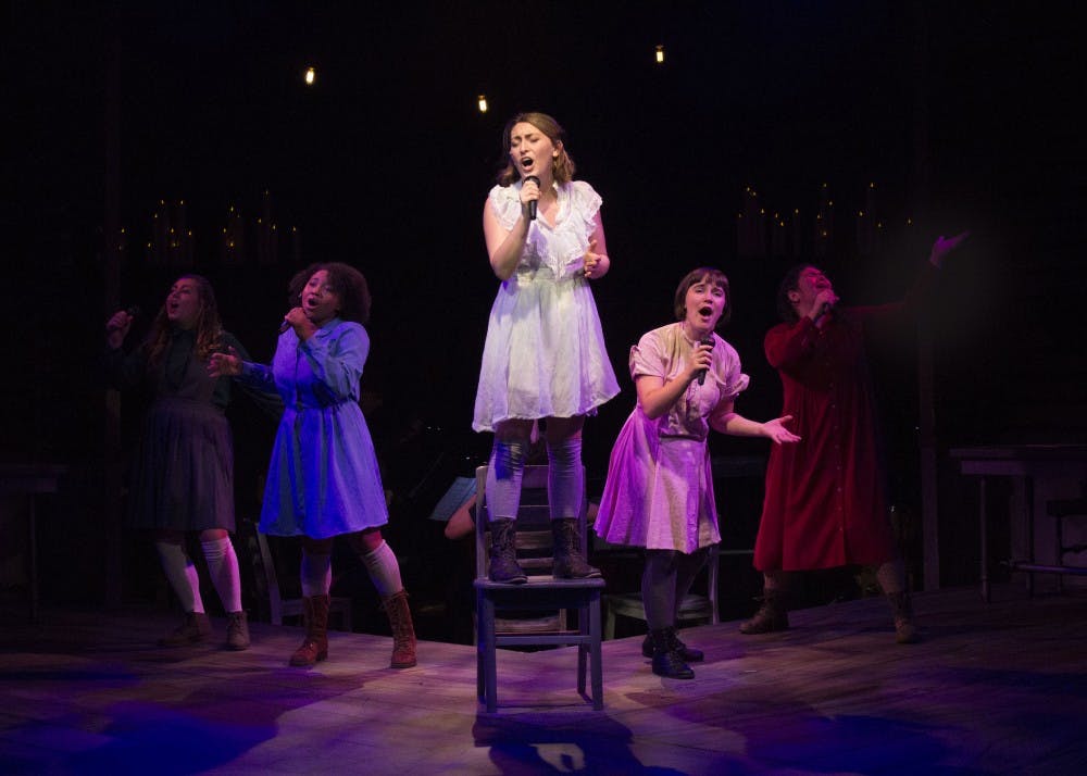 Liz Hutson as Wendla sings with Olivia Chappell, Victoria Wylie, Aubrey Seader and Kaila Day in "Spring Awakening." The musical will be performed at the Ivy Tech John Waldron Arts Center Oct. 20-28 at 7:30pm.
