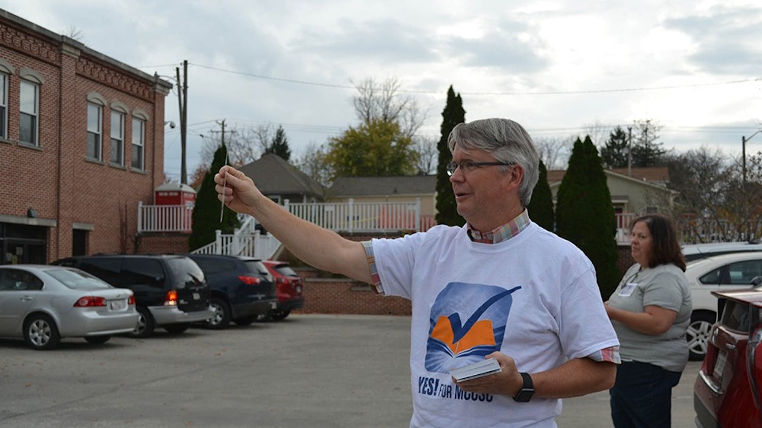 Mayor John Hamilton campaigns for the referendum outside Election Central on Wednesday, November 2, 2016.