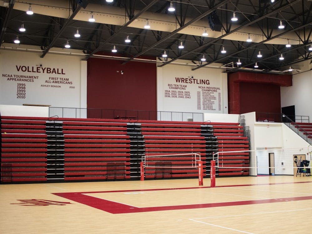A volleyball net stands set up in middle court June 19 in Wilkinson Hall. IU’s volleyball team will begin its fall season with a new arena.