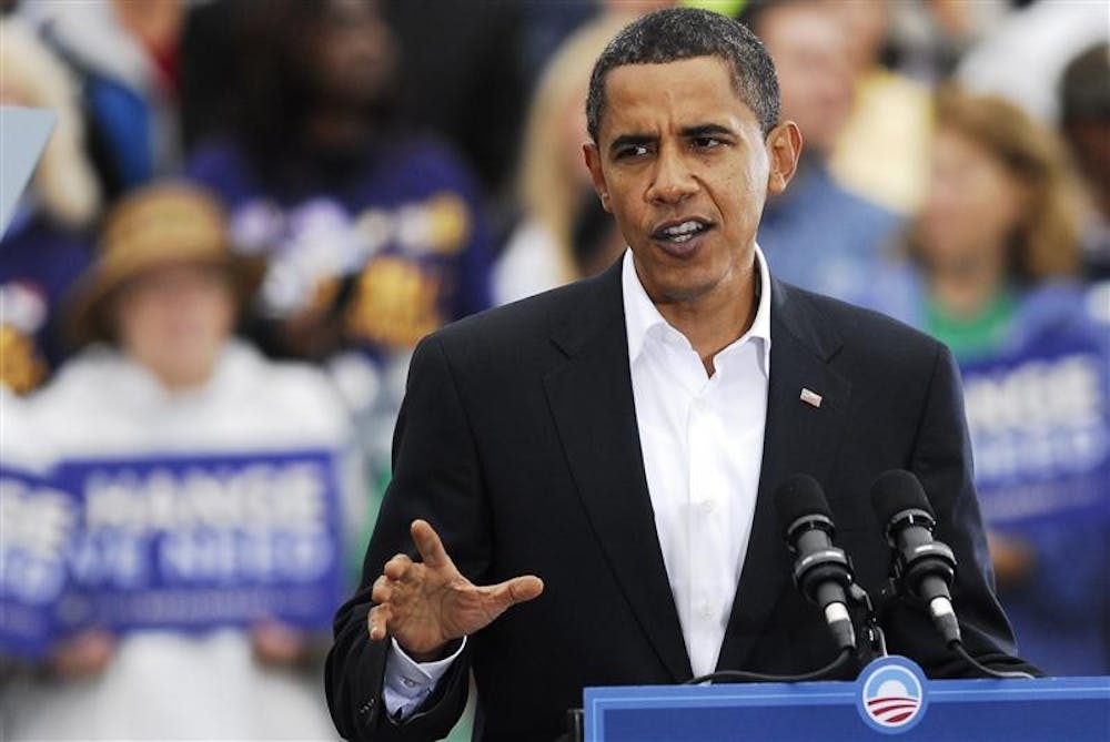 Democratic presidential nominee Barack Obama speaks to a crowd of supporters on Wednesday at the Indiana State Fairgrounds in Indianapolis.