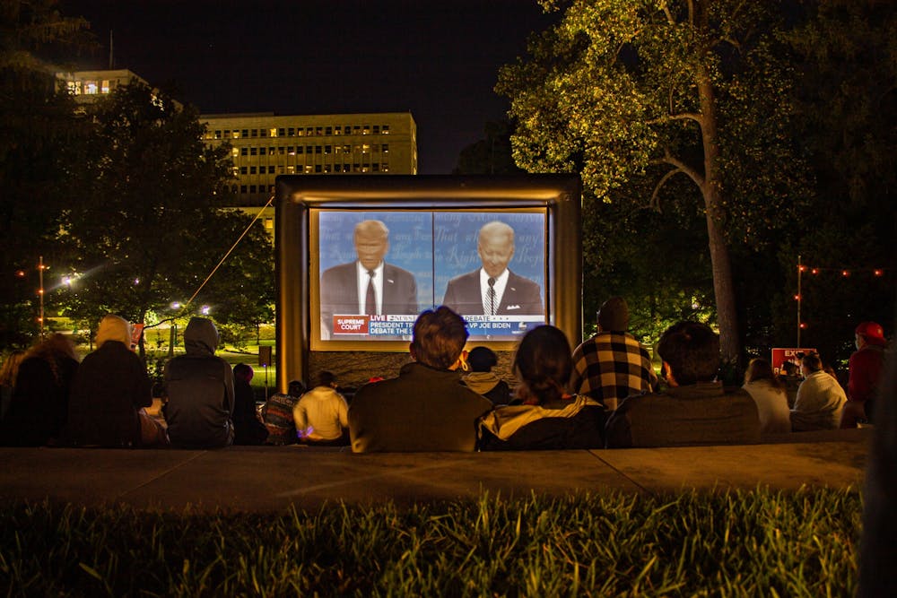 <p>People watch the presidential debate on Sept. 29 at the Conrad Prebys Amphitheater on IU&#x27;s campus.  Tuesday night’s debate was the first of the presidential debates.</p>