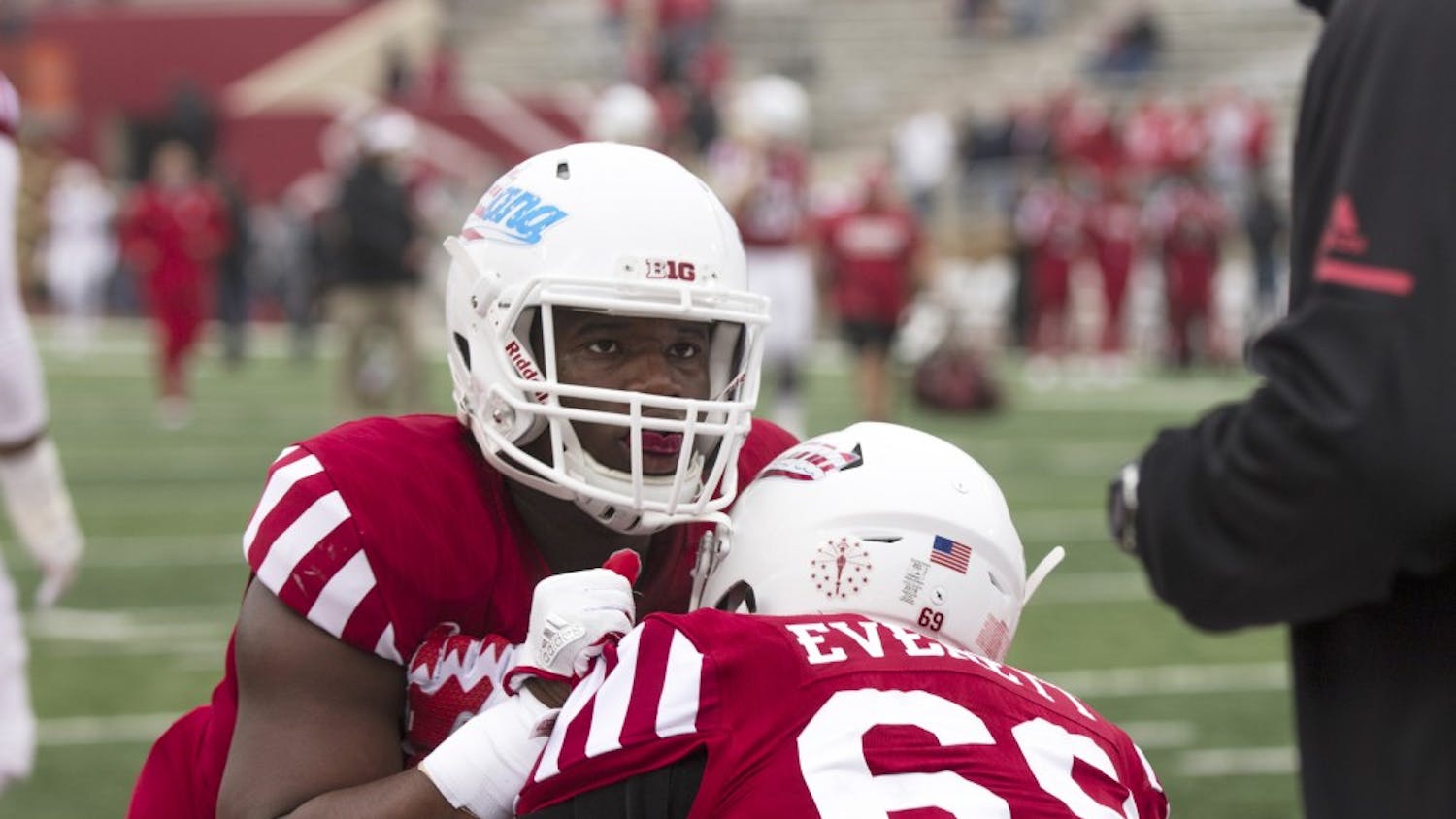 The defensive line goes through drills during the warmup against Wisconsin. At halftime on Nov. 4, 2017, Wisconsin was ahead of IU, 14-10. The IU spring game will be played at noon Saturday in Memorial Stadium.