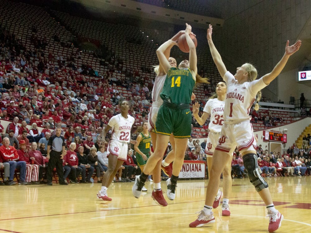 Freshman guard Lexus Bargesser blocks a shot in a game against  the University of Vermont Nov. 8, 2022, at Simon Skjodt Assembly Hall. Indiana beat Vermont 86-49.