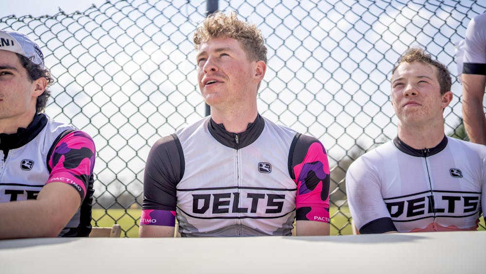 Junior Delta Tau Delta rider Josh Herbst talks to members of the media on April 4, 2023, at Bill Armstrong Stadium. Herbst is the Delts team captain and is looking to win his second Little 500 in three years.