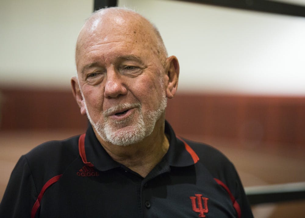 <p>Track and field head coach Ron Helmer speaks during an interview Feb. 7, 2019, in Gladstein Fieldhouse. Helmer has coached at IU for 15 years.</p>