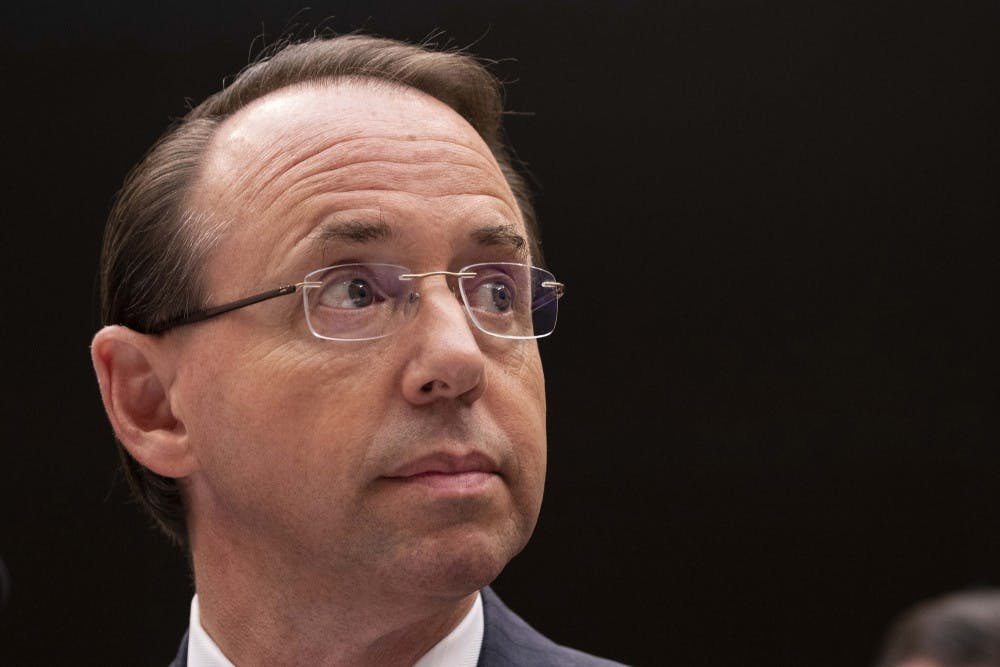 <p>United States Deputy Attorney General Rod Rosenstein listens during a United States House of Representatives Judiciary Committee hearing on Capitol Hill on June 28, 2018 in Washington, D.C.&nbsp;</p>