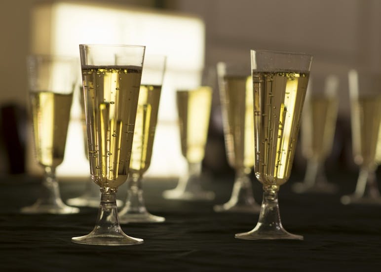 Flutes of nonalcoholic champagne rest on a table at the 2017 Mocktail Night at Delta Zeta. The sorority hosts the event to raise awareness about drinking safely.&nbsp;