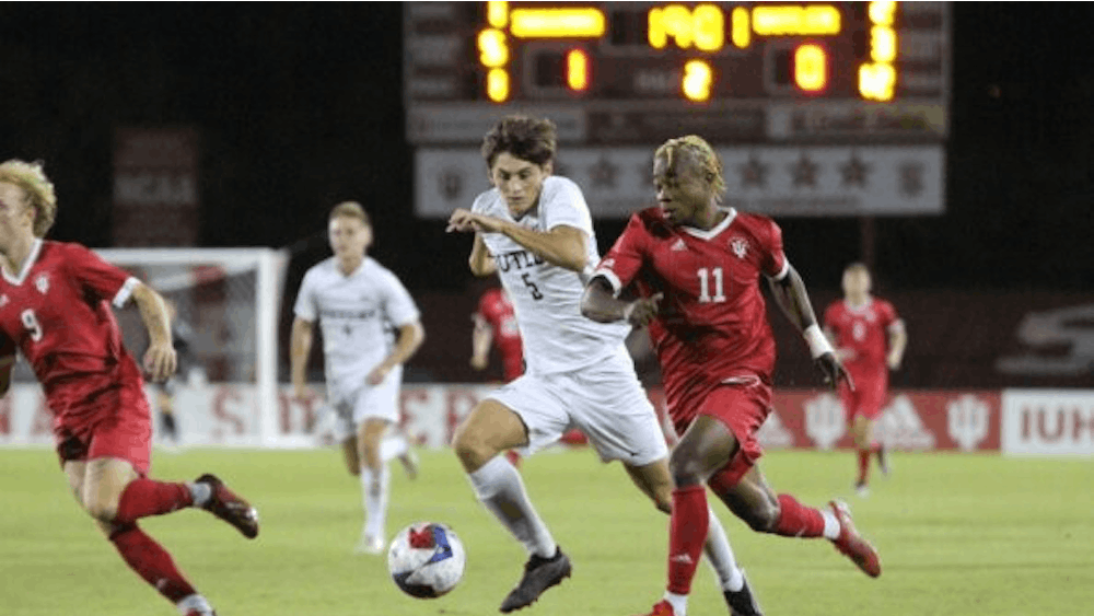 Freshman forward Collins Oduro races down the field against Butler University on Sept. 19, 2023, at Bill Armstrong Stadium in Bloomington. Indiana will square off against Michigan on Tuesday.