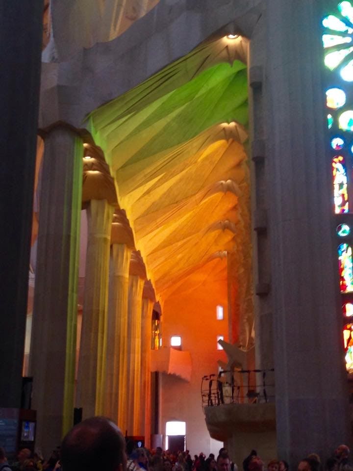 Effect of the stained glass windows on the inside of the Sagrada Familia.