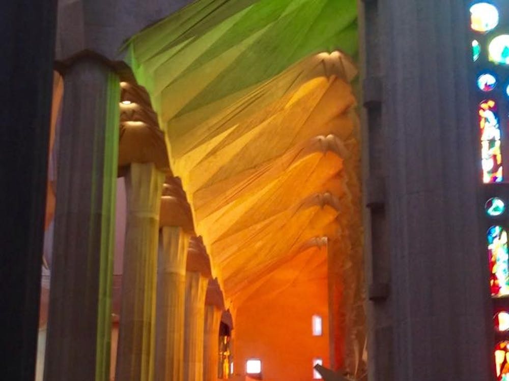 Effect of the stained glass windows on the inside of the Sagrada Familia.
