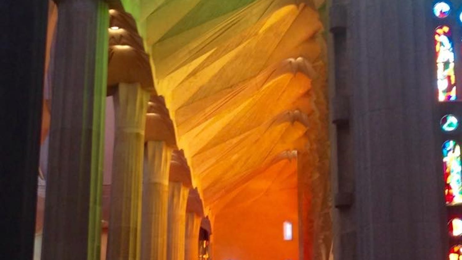 Effect of the stained glass windows on the inside of the Sagrada Familia.