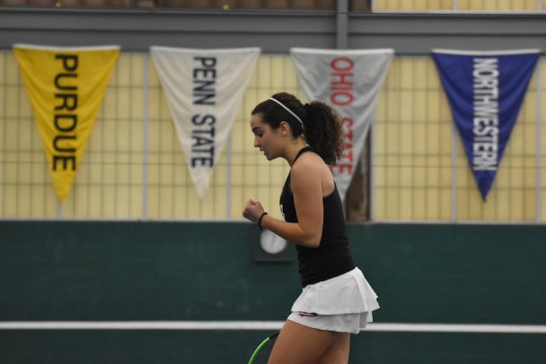 Then-freshman Andjelija “Jelly” Bozovic celebrates after winning a point during one of her singles matches against the University of Cincinnati.