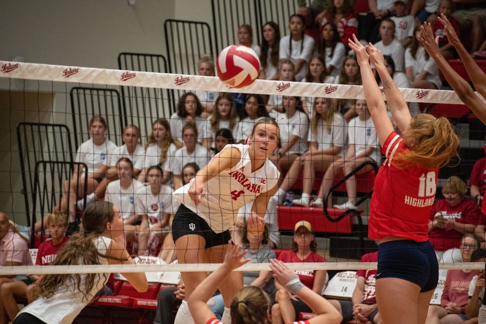 Junior outside hitter Mady Saris spikes the ball August 27, 2023 against Radford at Wilkinson Hall in Bloomington. Saris had 11 kills in their game against the Highlanders.