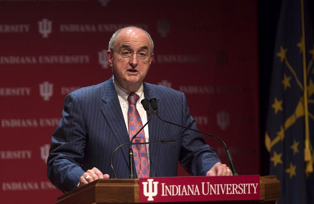 IU President Michael McRobbie delivers the annual State of the University address Tuesday in Hine Hall on the Indiana University-Purdue University Indianapolis campus. 