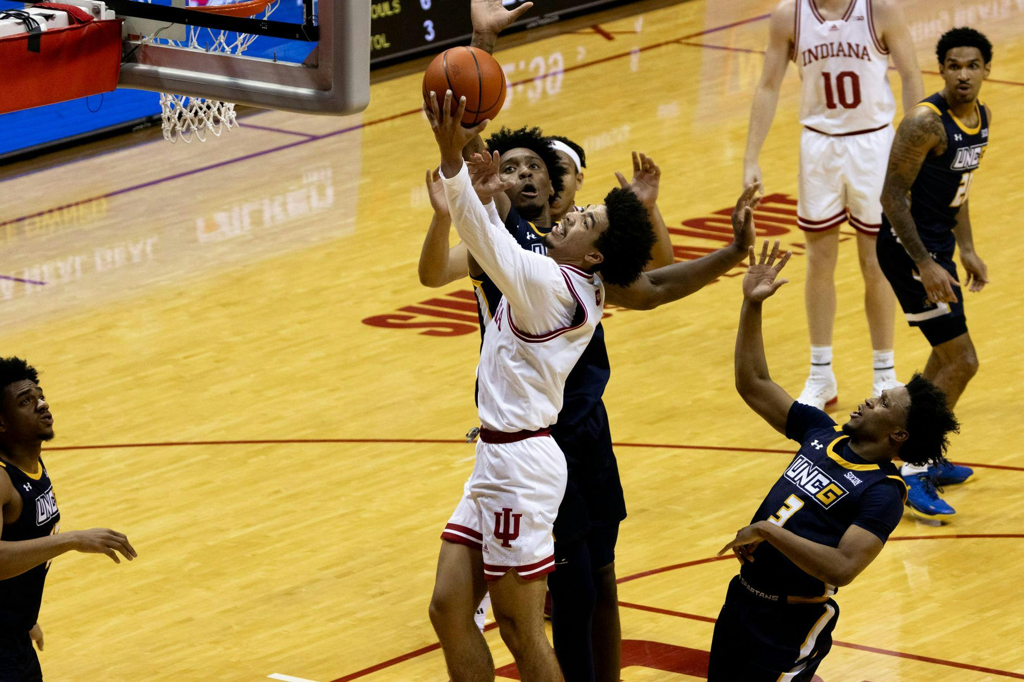 Sophomore Myles Rice attempts a shot against UNC Greensboro Nov. 21, 2024 at Simon Skjodt Assembly Hall in Bloomington. The Hoosiers took victory over the Spartans 69-58.