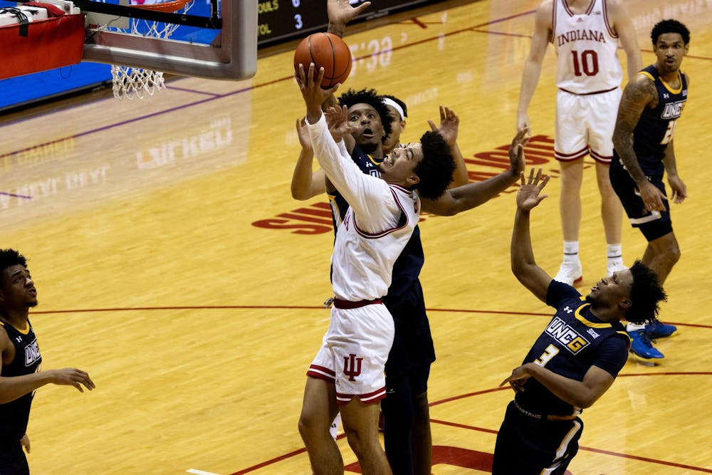 Sophomore Myles Rice attempts a shot against UNC Greensboro Nov. 21, 2024 at Simon Skjodt Assembly Hall in Bloomington. The Hoosiers took victory over the Spartans 69-58.