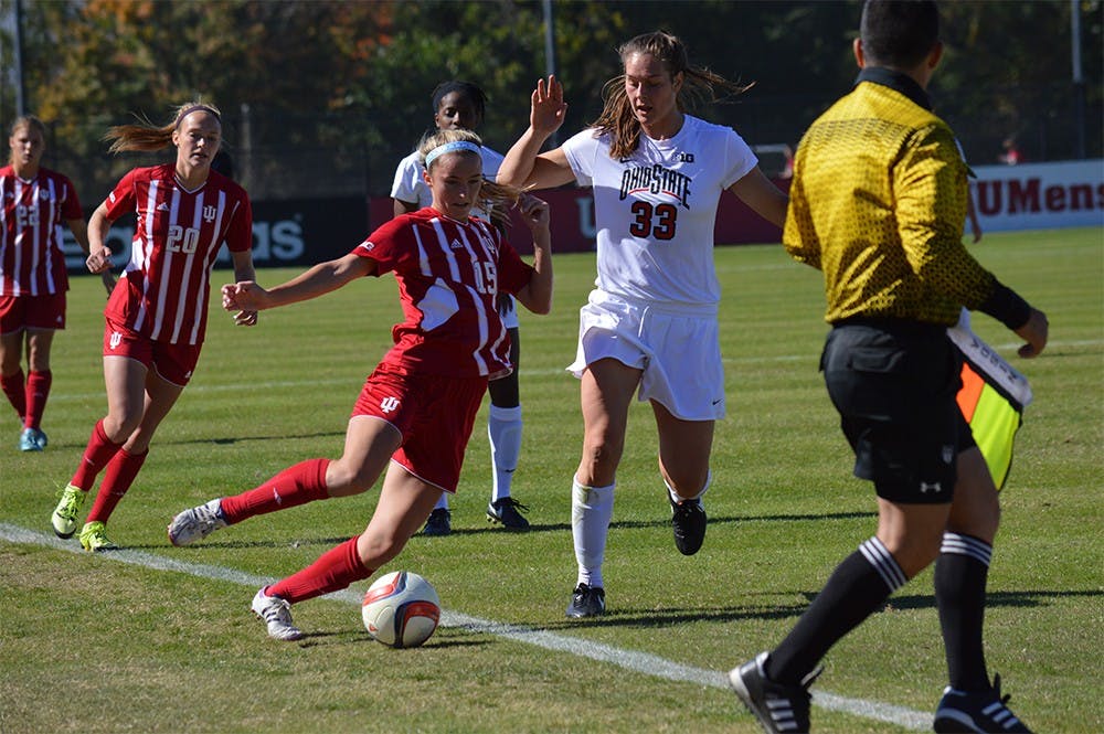 Junior midfielder Veronica Ellis dribbles out of bounds during the game against Ohio State Sunday afternoon at Bill Armstrong Stadium. The Hoosiers lost to the Buckeyes 1-2.