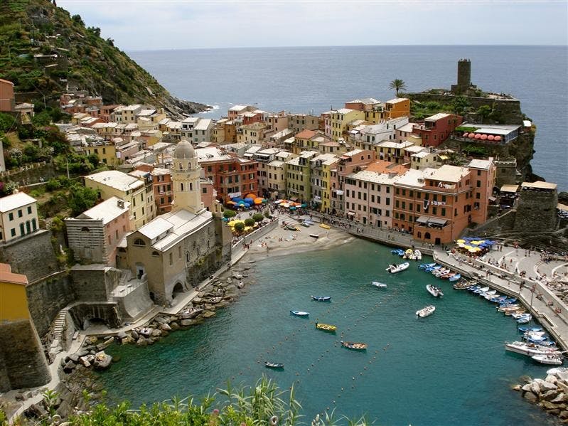 The town of Vernazza, seen from the cliffs along Cinque Terre, a seven-mile hiking trail that encompasses five towns along the Italian coast.