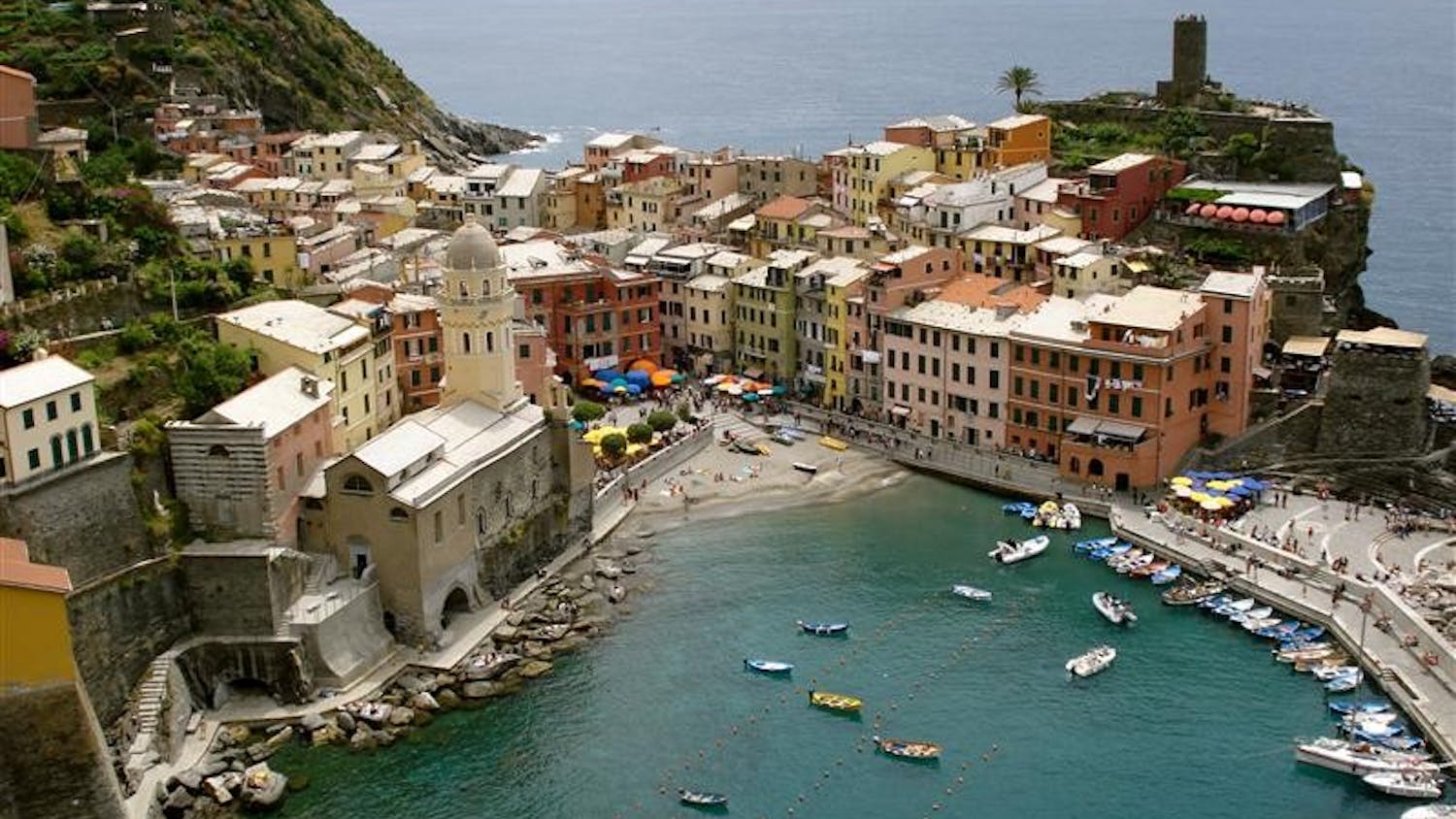 The town of Vernazza, seen from the cliffs along Cinque Terre, a seven-mile hiking trail that encompasses five towns along the Italian coast.