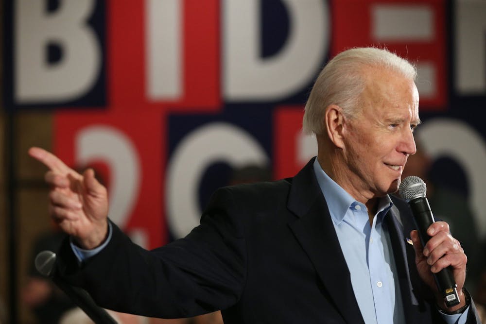 <p>Presidential candidate and former Vice President Joe Biden points during a campaign event Jan. 31 in Fort Madison, Iowa.</p>