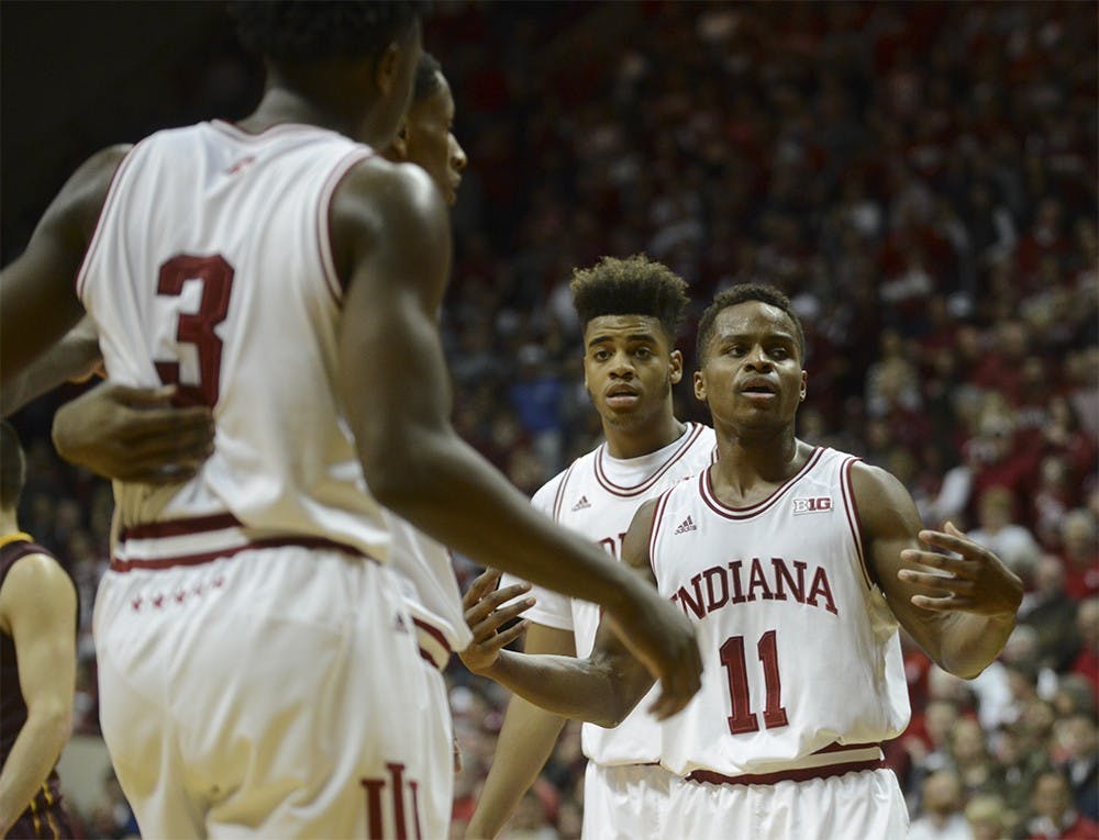Senior guard Kevin "Yogi" Ferrell calls for the team to huddle after a foul was called on IU during the game against Minnesota on Saturday at Assembly Hall. The Hoosiers won 74-48.